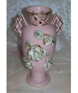 Vintage Deco Vase- Pink with Green Roses and Gold Accents 7&quot; Tall - S 34... - $10.90 CAD