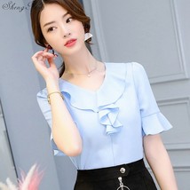 Summer Women Blusas Fashion Short Sleeve Ruffles Chiffon Blouse Solid White Tops - £40.37 GBP