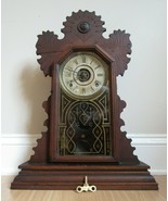 rare antique gingerbread clock INGRAHAM mantel ALARM kitchen REVERSE PAINT - $3,339.51 MXN