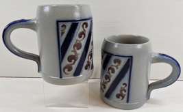 (2) Merkelbach Salzglasur Beer Stein Mugs Set Blue Stripes Grey Pottery Germany - £37.29 GBP