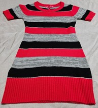 Cherry Srix Girls Knit Sweater Dress Black Red &amp; Gray Striped Size 10-12 Med - £9.59 GBP