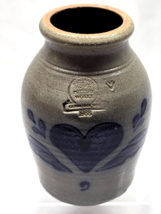 Vintage ROWE POTTERY WORKS 6&quot; Pitcher Jug Urn Vase Cobalt Hearts Salt Gl... - $26.41