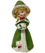 1978 Merri-Bells Christmas Bell Figurine Girl in Green Cape Holding Muff... - $238.21 MXN