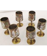 BEAUTIFUL BRASS MOTHER OF PEARL INLAYS CORDIAL STEMWARE MEXICO SET OF 6 - £37.52 GBP