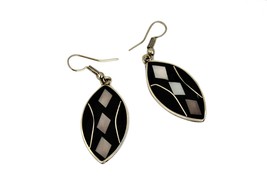 Art Deco Drop Earrings, Vintage Mexican Earrings, Black Enamel &amp; Mother of Pearl - £11.09 GBP