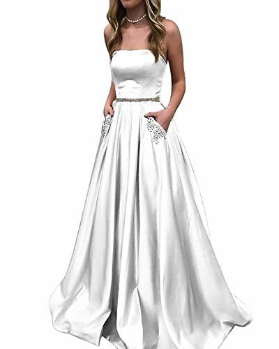 Kivary Beaded Belt Long Satin A Line Formal Prom Evening Dress with Pockets Whit
