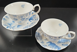 2 Portmeirion Botanic Blue Footed Cups Saucers Set Floral Butterfly Elegant Lot - £63.04 GBP