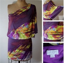 Jessica Simpson Size S/M Dress One Shoulder Rainbow Abstract Print Blouson Mini - £25.44 GBP