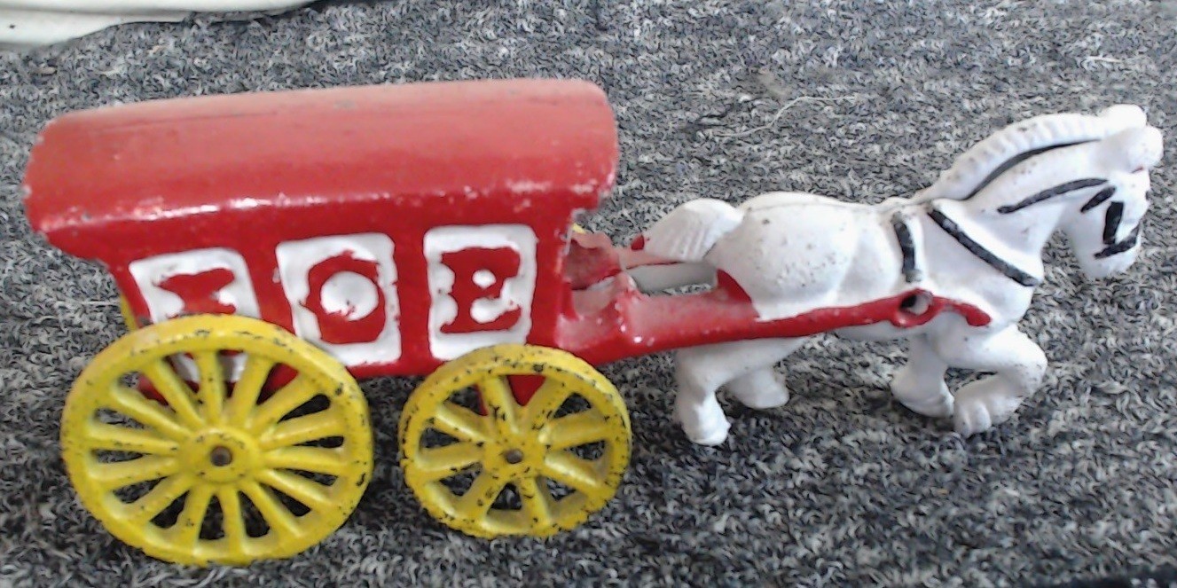 Vintage Cast Iron Toy Horse Drawn / ICE Carriage Wagon Wheels Advertisem... - $19.99