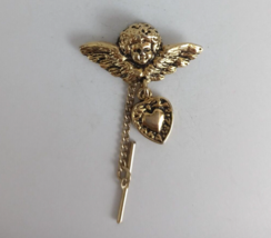 Vintage Angel With Heart Gold Tone Lapel Hat Pin Tie Tack - £5.71 GBP