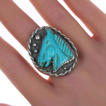 sz8.75 Vintage Navajo silver Carved horse head turquoise ring - £337.14 GBP