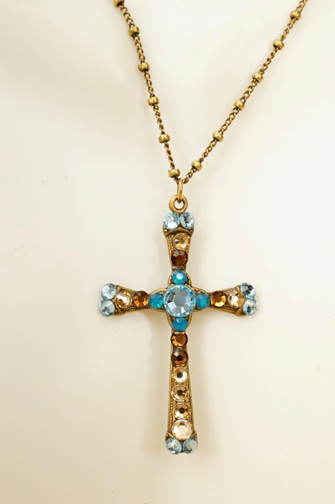 Vintage Jewelry Anne Koplik Brass Crystal Christian Cross Pendant Neckla... - $34.64