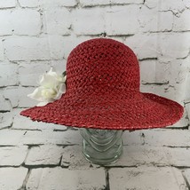 Red Paper Hat White Flower Accent Fancy Sunday Church Hat Wide Brim - $24.74