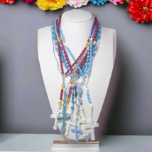 Lot Set of 7 Rosary Cross Beaded Red White Blue Pendant Charm Necklaces 30&quot; - £3.84 GBP