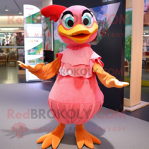 Peach Woodpecker mascot costume character dressed with a Maxi Dress and Mittens - £929.29 GBP