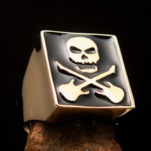 Handcrafted Men&#39;s Rock &#39;n Roll Ring Black Jolly Roger Skull crossed Guitars  - £22.31 GBP+