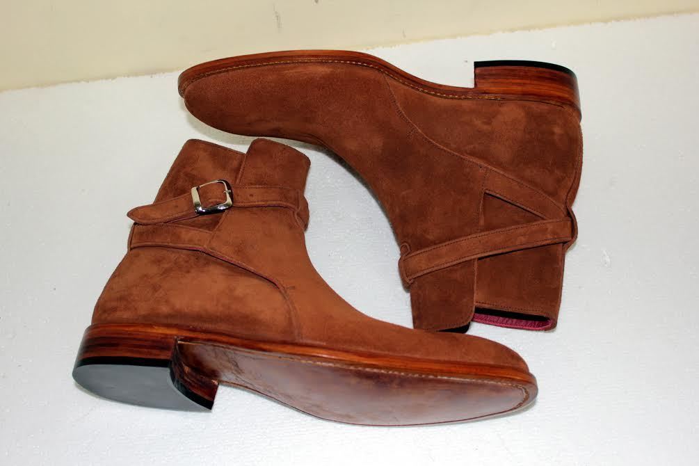 Handmade Men’s Tan Color Boots, Suede Ankle High Jodhpur Dress Buckle Boots