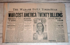 Wabash, IN Daily Times-Star, Nov. 16, 1918 - War Cost America $20 Billion - £14.76 GBP