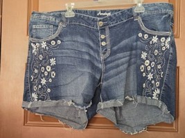 Amethyst Denim Embroidered Blue Floral Button Fly Beach Boho Shorts Size 22 - £15.69 GBP