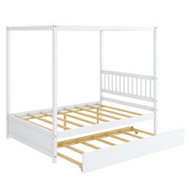 Full Size Canopy Bed with Trundle Wooden Platform Bed Frame Headboard-White - Co - £319.91 GBP