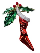 Christmas Stocking Brooch Pin Holiday Holly Leaves Berries Jewelry Sock - £11.72 GBP