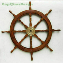 Large 36&quot; Boat Ship Wooden Steering Wheel Brass Center Nautical Wall Dec... - £111.81 GBP