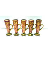 Hand Blown Set of 5 Demi Tasse Mini Glass Burgundy &amp; Sparkling Gold Cups... - $33.95 CAD