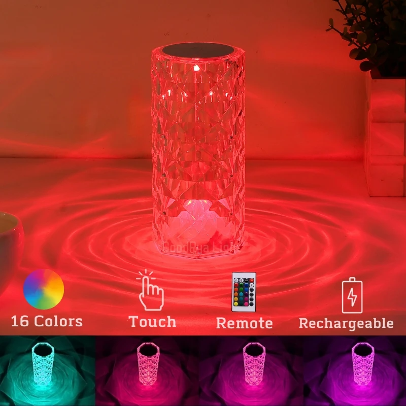 LED Round Crystal Table Lamp Touch Remote Control RGB Romantic Rose Colour - £6.22 GBP