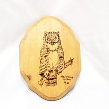 Owl Sitting on Branch Wooden Plaque Wood Burned Art Handmade 1991  5&quot; - £14.98 GBP