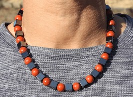 Hematite and Red Jasper Necklace - Gift for Men/Women - A Fusion of Grounding an - £39.91 GBP