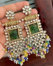 Bollywood Style Gold Plated Indian Fashion Kundan Long Earrings Jewelry Set - £22.40 GBP