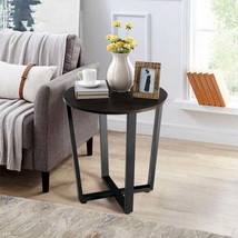 2-tier Round End Table with Storage Shelf &amp; Metal Frame-Walnut - £65.08 GBP