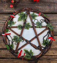 Wicca Toadstool Ivy Leaves Twisted Branches Pentagram Star Wall Decor Plaque - £24.04 GBP