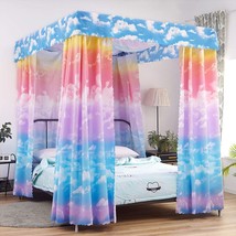 Canopy Bed Curtains For Girls Full Size, Cloud Sky Rainbow Pattern Bed Curtains  - £77.17 GBP