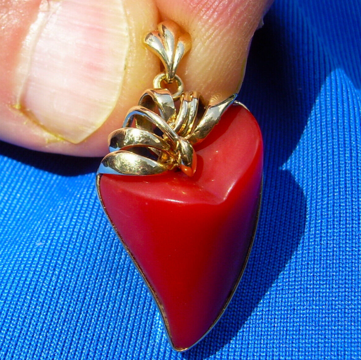 Natural Coral Red Mediterranean Pendant Hand made 18k Solid Gold Bezel Medallion Item image 3