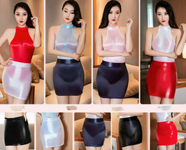 Women&#39;s Shiny Zipper Bodysuit Silky Leotard Top Micro Mini Skirt Secreta... - $9.49+