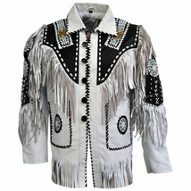 Men Western Wear Cowhide White Leather Fringe Coat Jacket Beaded Braid W... - £125.29 GBP