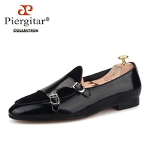 black hand-polished calfskin patchwork velvet double-monk belgian loafers for pa - £221.49 GBP