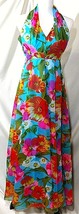 Vintage Formal Halter Dress Blue Aqua Turquoise Floral Evening Formal Te... - $81.75