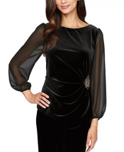Alex Evenings Women&#39;s Black Illusion Sleeve Ruched Bling Blouse M B4HP - £37.32 GBP