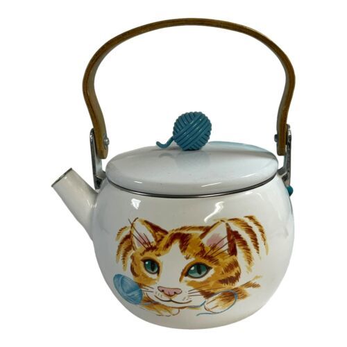 Primary image for Enamel Teapot Cat w/Yarn MCM Metal Vintage Tea Kettle MARTIN LEMAN READ