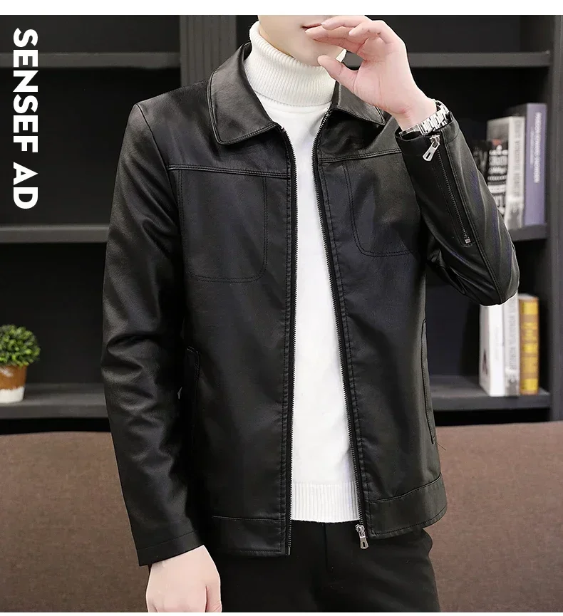 Trendy Stand Collar Men&#39;s Leather Jacket 2025 Spring New Style Slim Fit - $85.00