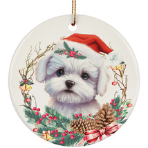 Cute Maltese Puppy Dog Santa Hat &amp; Flower Wreath Christmas Ornament Gift Decor - £11.69 GBP