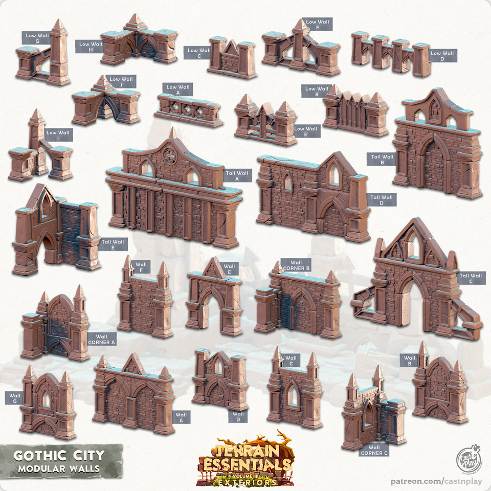 3D Printed Cast n Play Modular Walls Gothic City Set 28mm 32mm D&amp;D - $8.33+