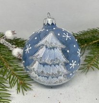 Blue with white tree glitter glass ball Christmas ornament, XMAS decoration - £10.19 GBP