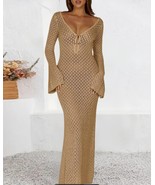 Khaki Casual Wide Sleeved V Neck Floor Length Croched Maxi Cover Up Lounge Dress - $69.95