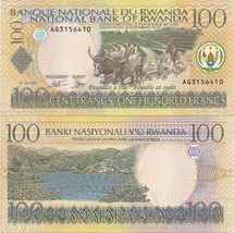 Rwanda P29b, 100 Francs, plowing with Ankole-Watusi cattle / Kivu Lake UNC - $2.33