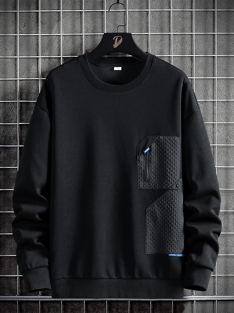 Plus Size Men&#39;s Sweatshirts Fashion Zip Pockets Drop  O-Neck Black White Oversiz - £147.92 GBP