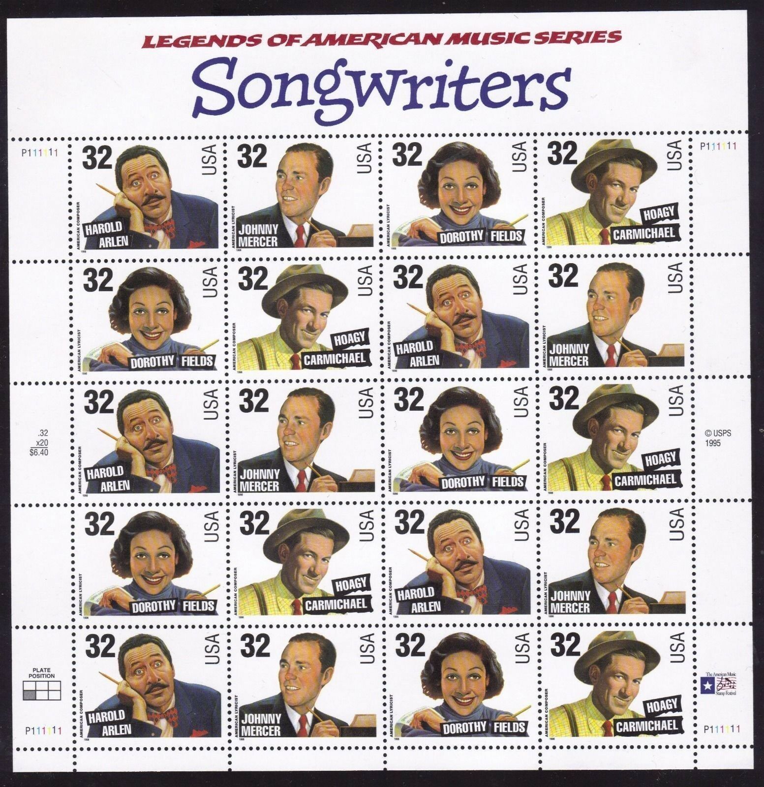 Primary image for 1999 32¢ Songwriters Sheet of 20 Stamps Scott 3103a - Stuart Katz