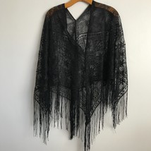 Jessica Max Shawl Poncho Cape Black Crochet Festival Fringe Granny Pullover Knit - £20.96 GBP